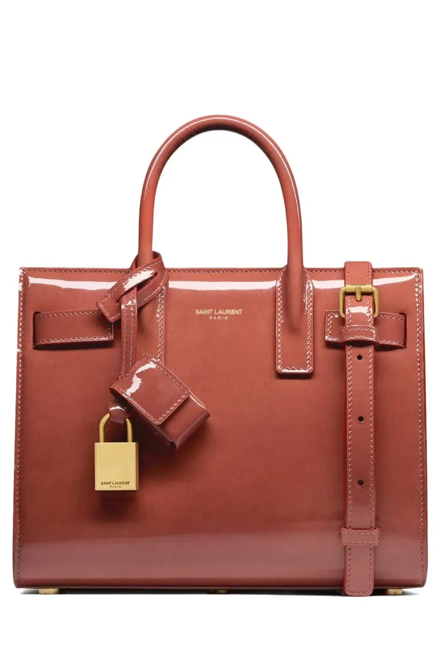 Saint Laurent women’s glossy terracotta leather sac de jour nano bag with gold hardware and matching lock