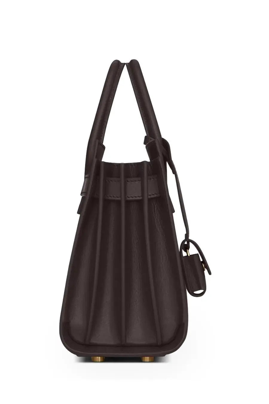 Saint Laurent women’s dark brown leather handbag with structured vertical pleats and gold-tone hardware accents