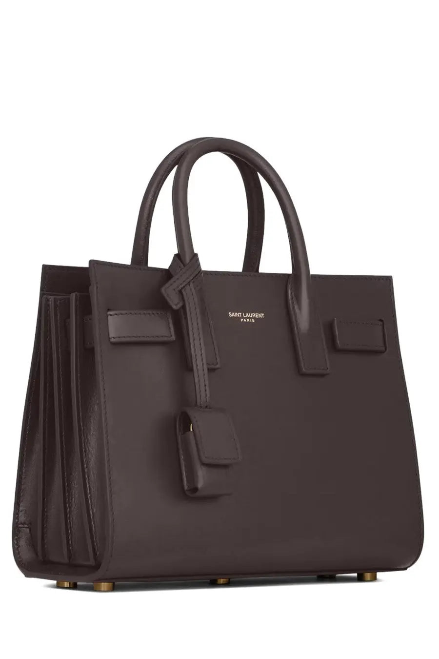 Dark brown leather saint laurent women’s sac de jour nano bag with gold-tone hardware and structured design