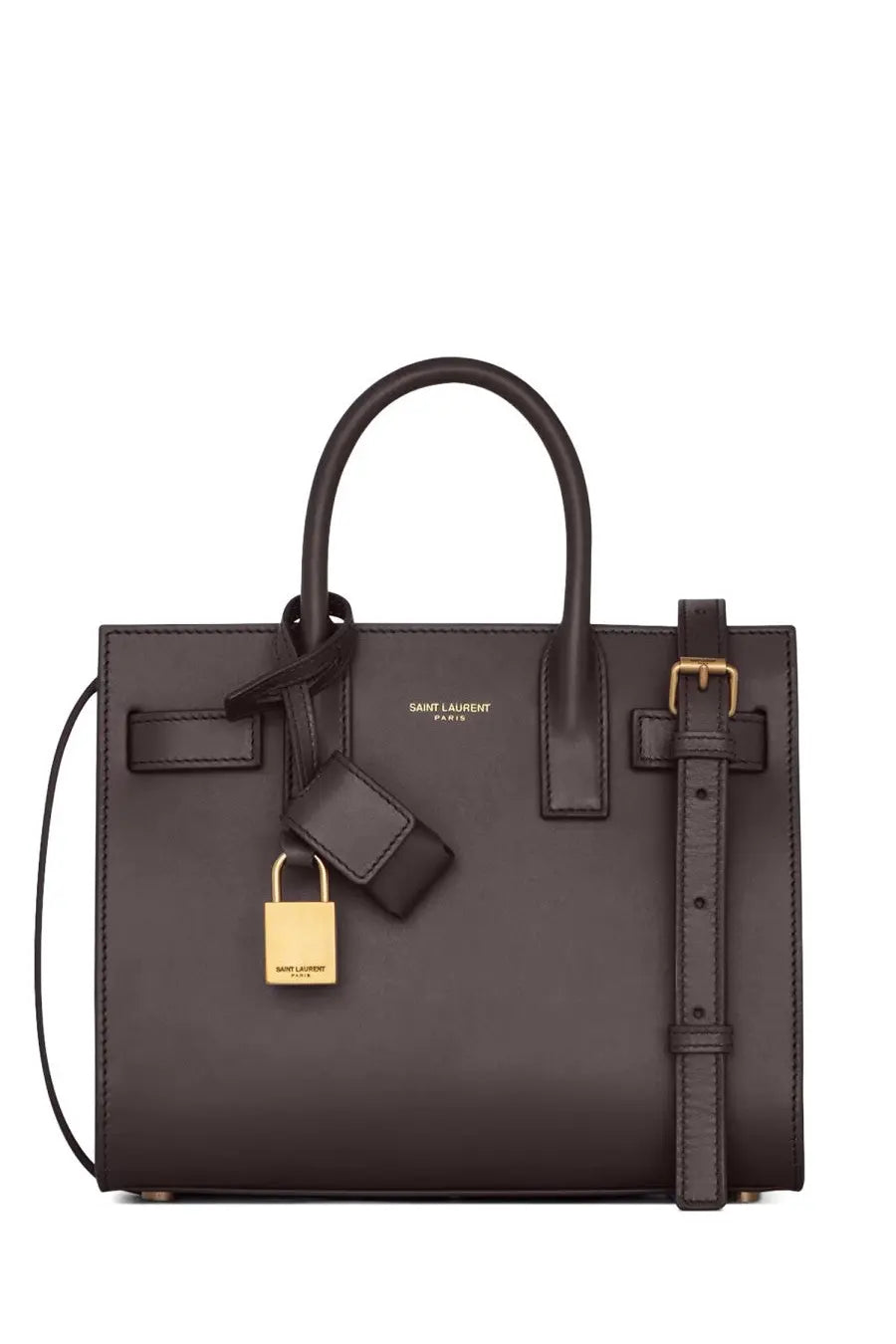 Dark brown leather Saint Laurent Paris handbag with gold-tone hardware and matching lock Sac de Jour Nano Green model