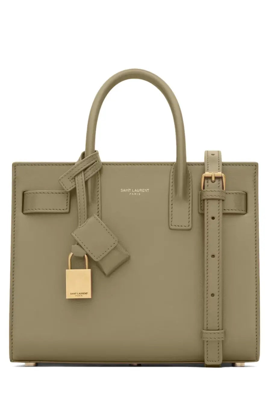 Saint Laurent women’s mini sac de jour nano handbag in olive green leather with gold-tone hardware and detachable lock