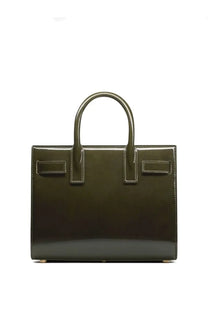 Olive green patent leather saint laurent sac de jour nano handbag with structured rectangular shape and top handles