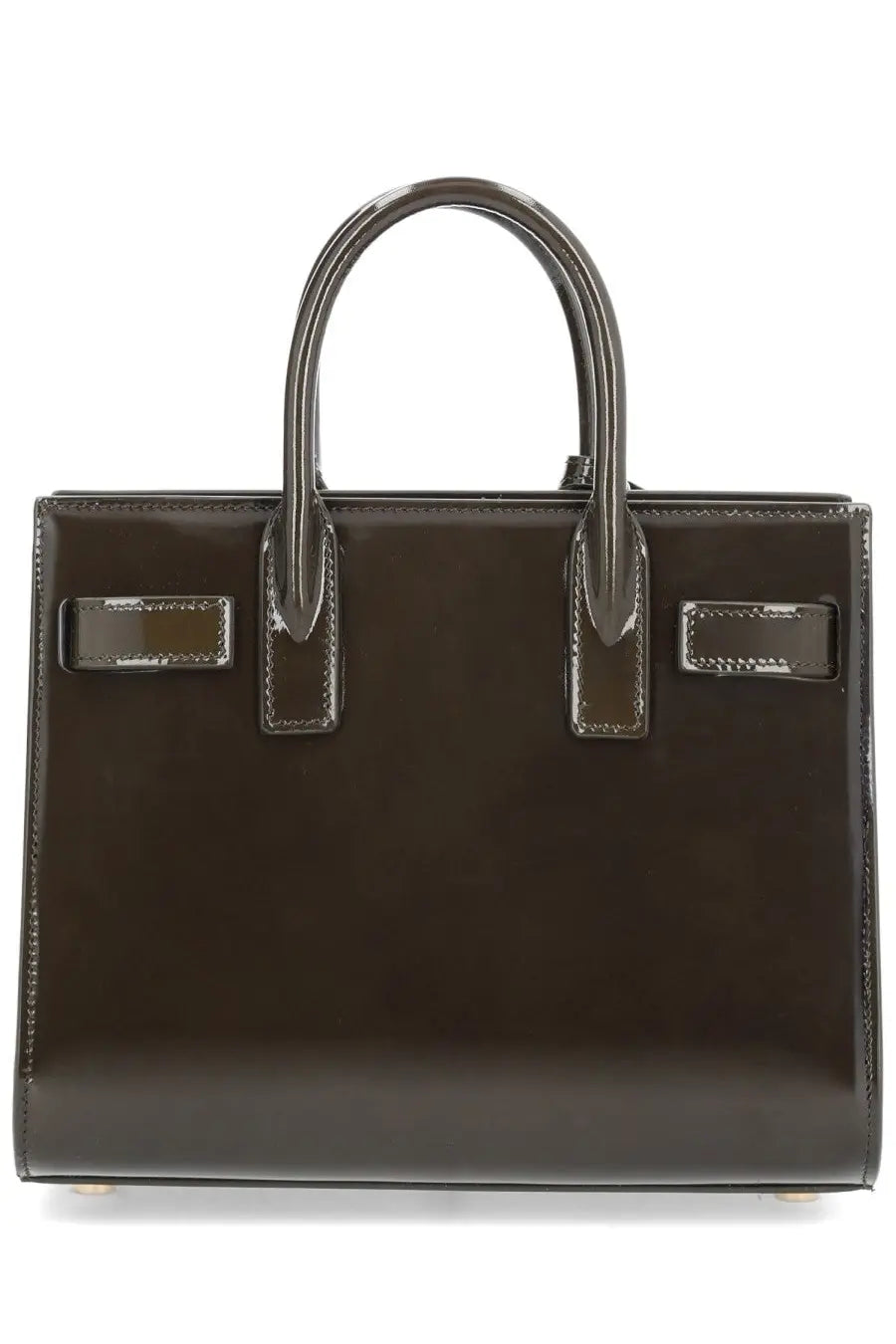 Saint Laurent women’s bag sac de jour nano green dark brown glossy leather handbag with structured handles and metallic hardware