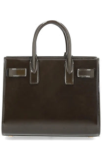 Saint Laurent women’s bag sac de jour nano green dark brown glossy leather handbag with structured handles and metallic hardware