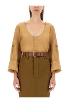 Saint Laurent Women's Henley Blouse Beige