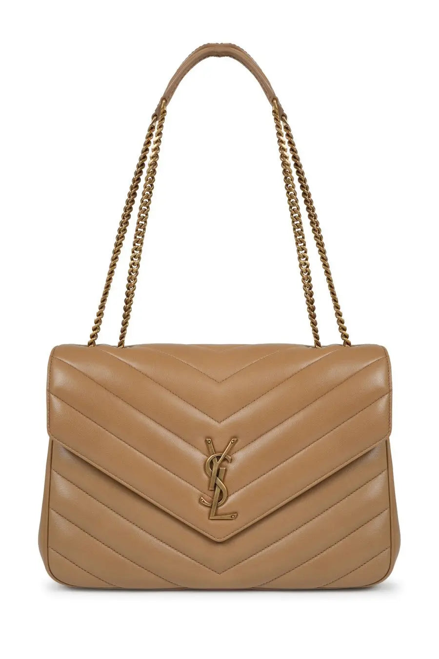 Saint Laurent women’s Borsa Loulou large tan quilted leather handbag with gold-tone chain straps and ysl logo