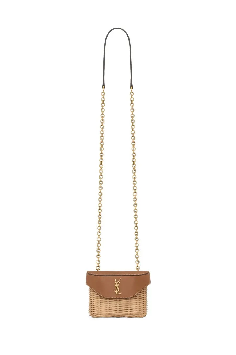 Saint Laurent women’s box june micro bag beige tan woven basket with leather flap gold ysl logo and chain strap
