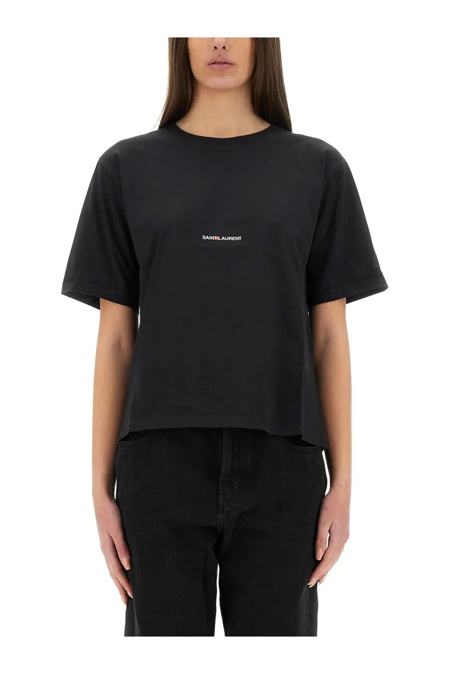 Saint Laurent women’s boyfriend fit black cropped t-shirt with minimalist white logo on the chest