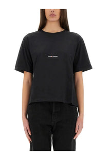 Saint Laurent women’s boyfriend fit black cropped t-shirt with minimalist white logo on the chest