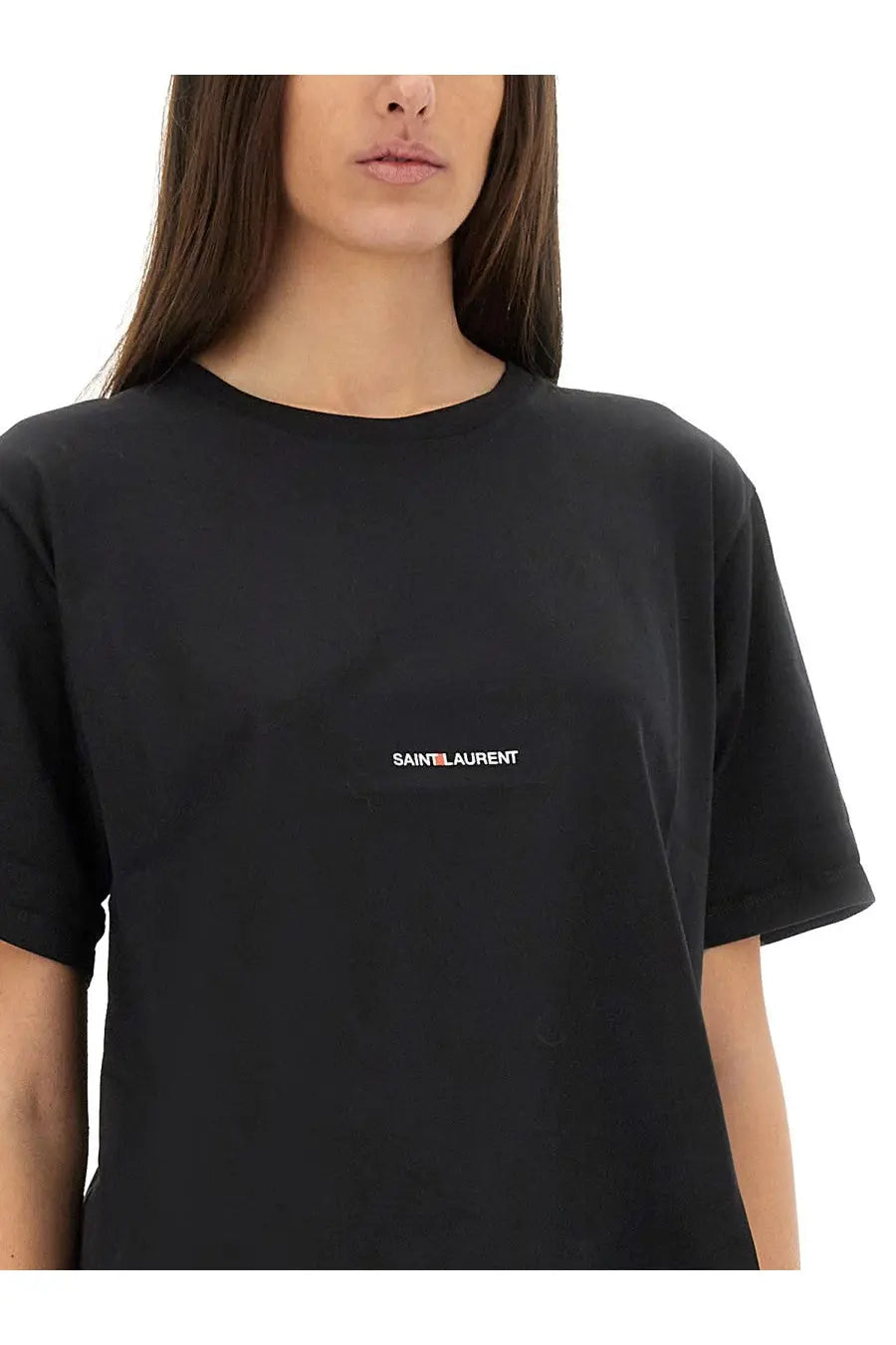 Saint Laurent women’s boyfriend fit black t-shirt with minimalist white and red embroidered logo on the chest