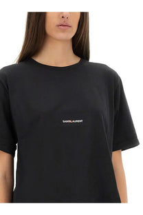 Saint Laurent women’s boyfriend fit black t-shirt with minimalist white and red embroidered logo on the chest