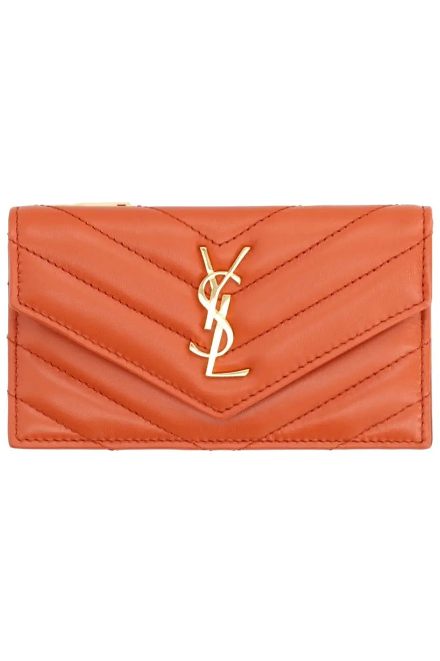 Saint Laurent women’s card holder in coral quilted leather with gold-tone YSL logo clasp in Cassandras red