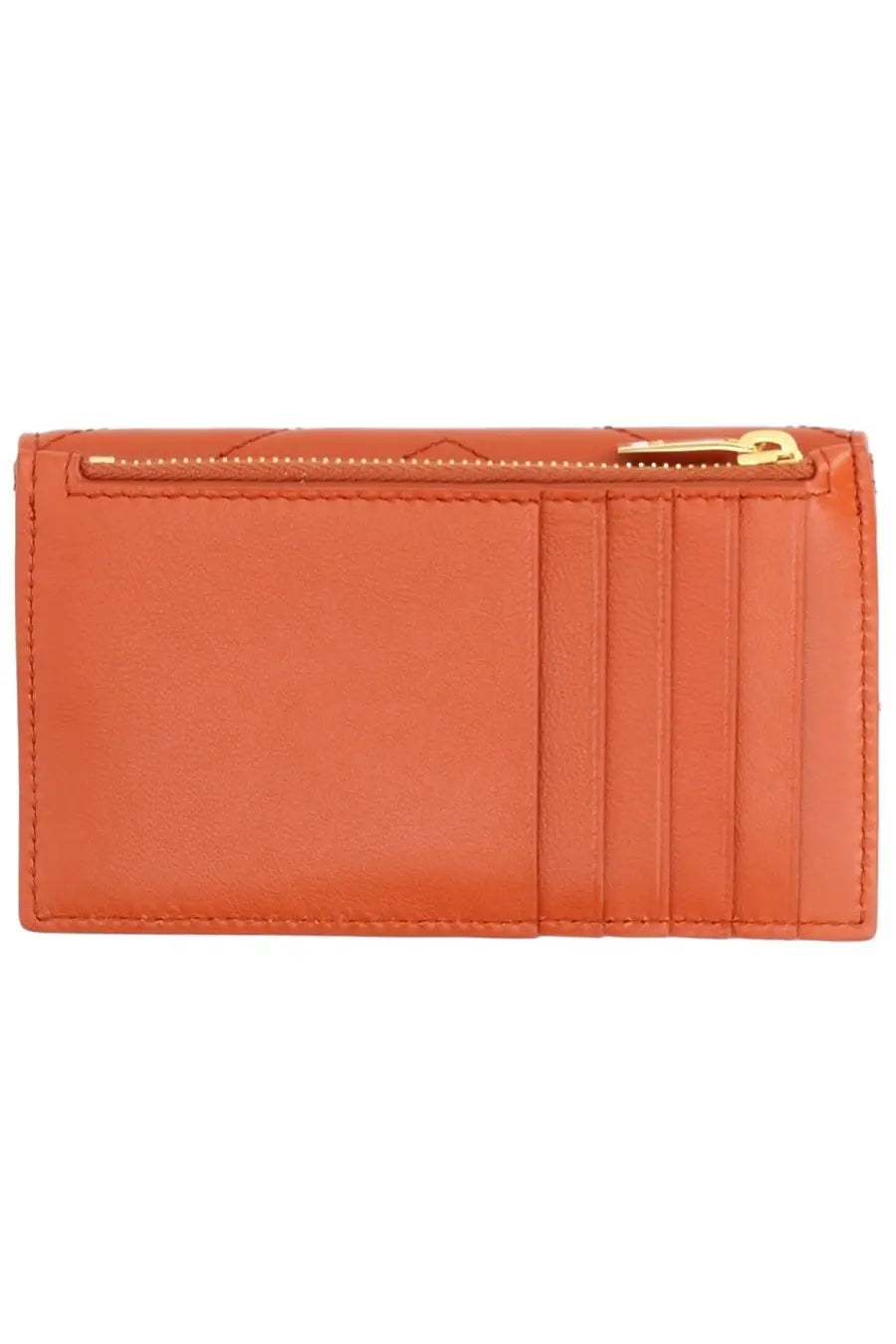 Saint Laurent women’s orange leather card holder with gold-tone zipper and vertical slots for cards
