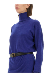 Saint Laurent women’s cashmere pullover in royal blue with ribbed collar and cuffs paired with black leather belt and gold ysl buckle