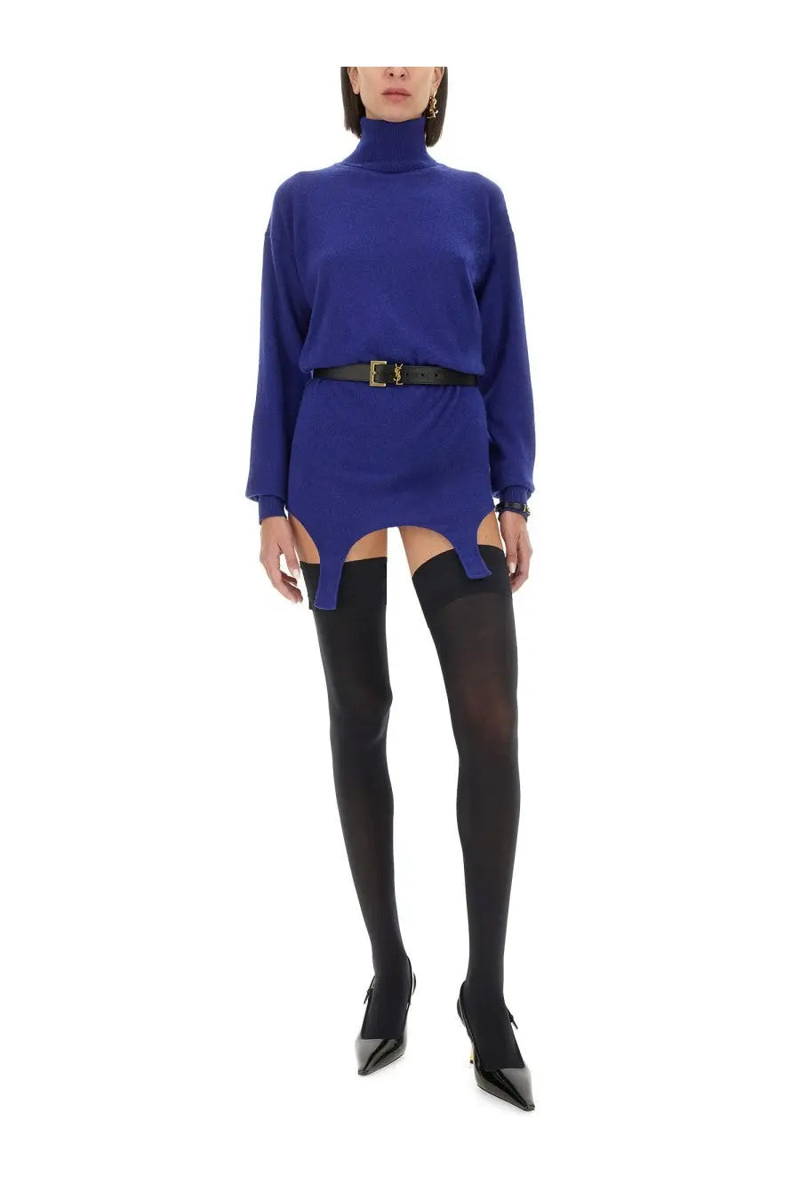Saint Laurent women’s vibrant royal blue cashmere high-neck sweater dress with asymmetrical cutouts at the hem