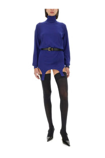 Saint Laurent women’s vibrant royal blue cashmere high-neck sweater dress with asymmetrical cutouts at the hem