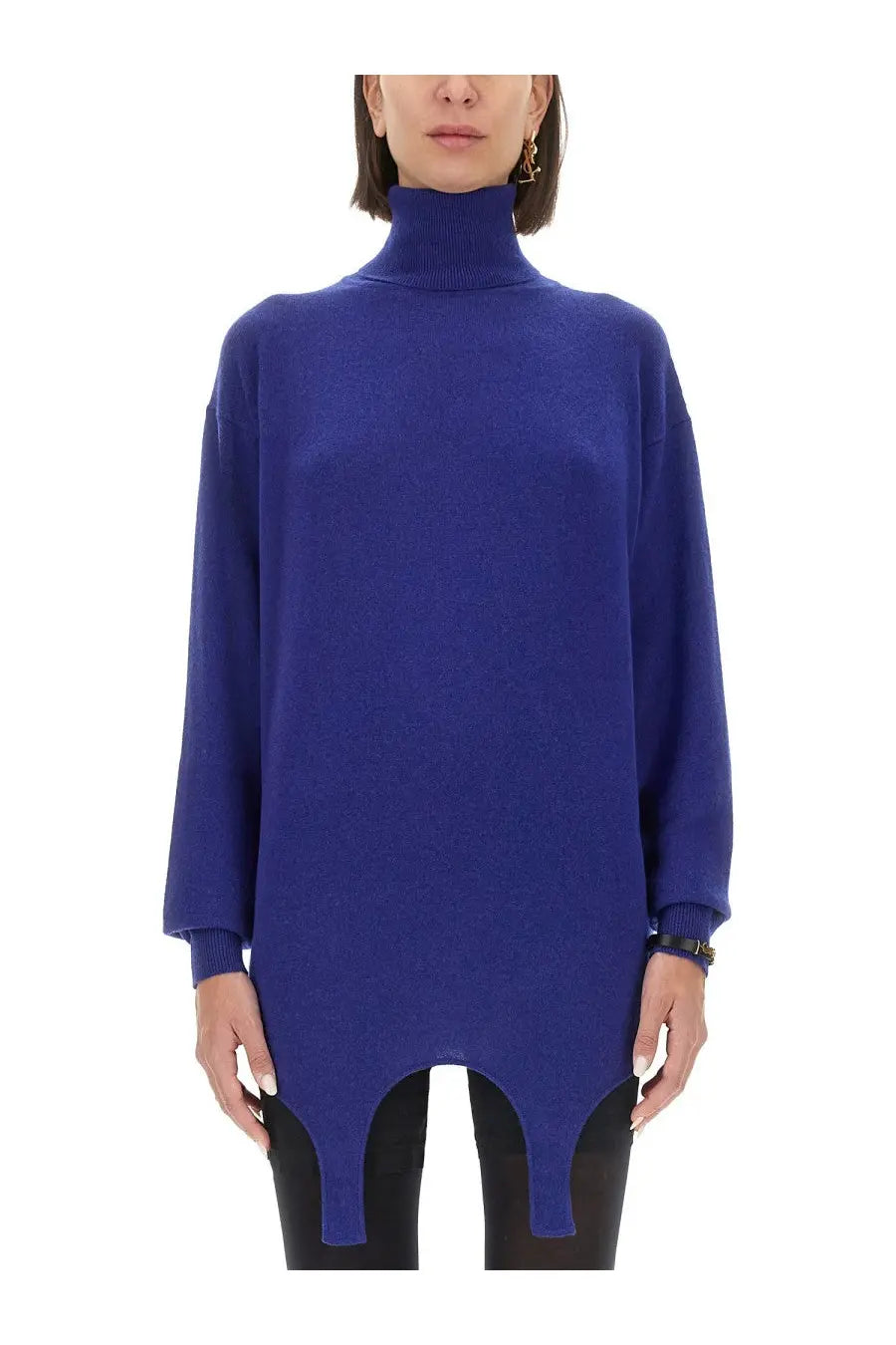 Saint Laurent women’s cashmere pullover in vibrant royal blue with long sleeves and asymmetrical hemline