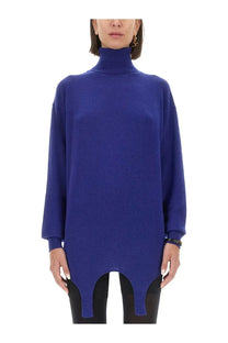 Saint Laurent women’s cashmere pullover in vibrant royal blue with long sleeves and asymmetrical hemline
