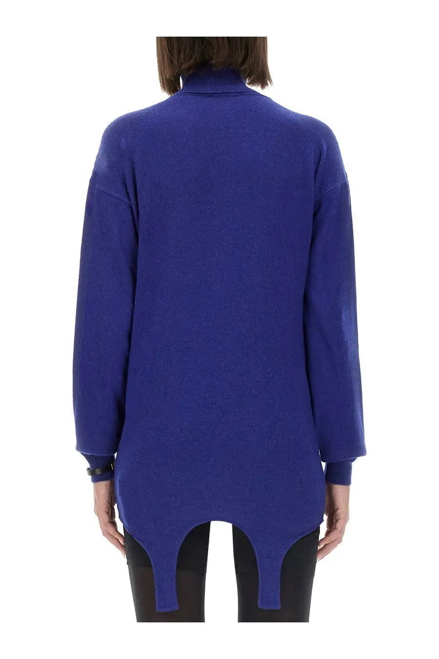 Saint Laurent women’s cashmere pullover blue vibrant royal blue long-sleeved turtleneck with asymmetrical hemline