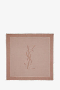 Saint Laurent women’s cassandre soft beige cashmere and silk scarf with subtle stripes and iconic monogram logo