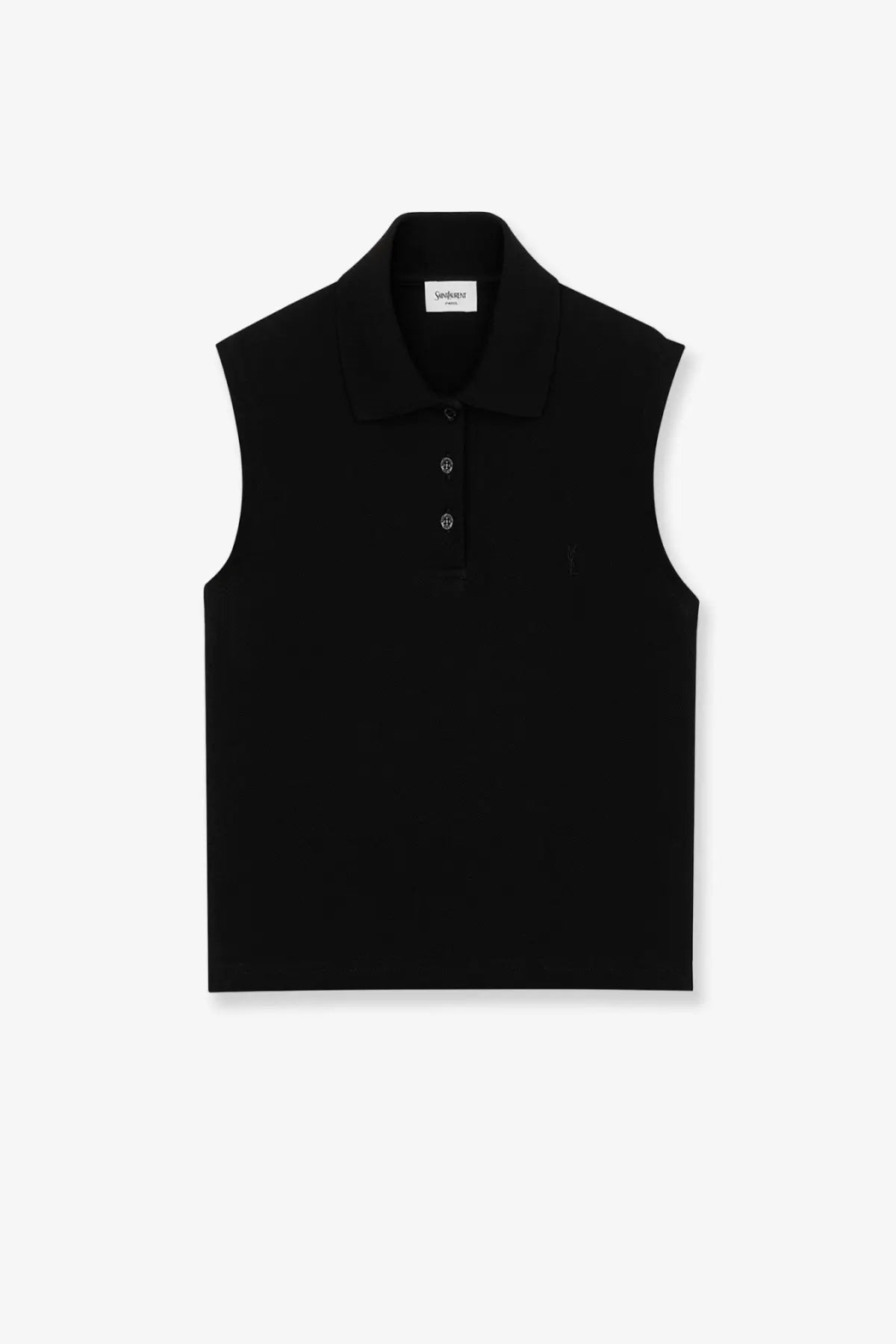 Saint Laurent women’s cassandre black cotton sleeveless polo shirt with classic collar and three-button placket