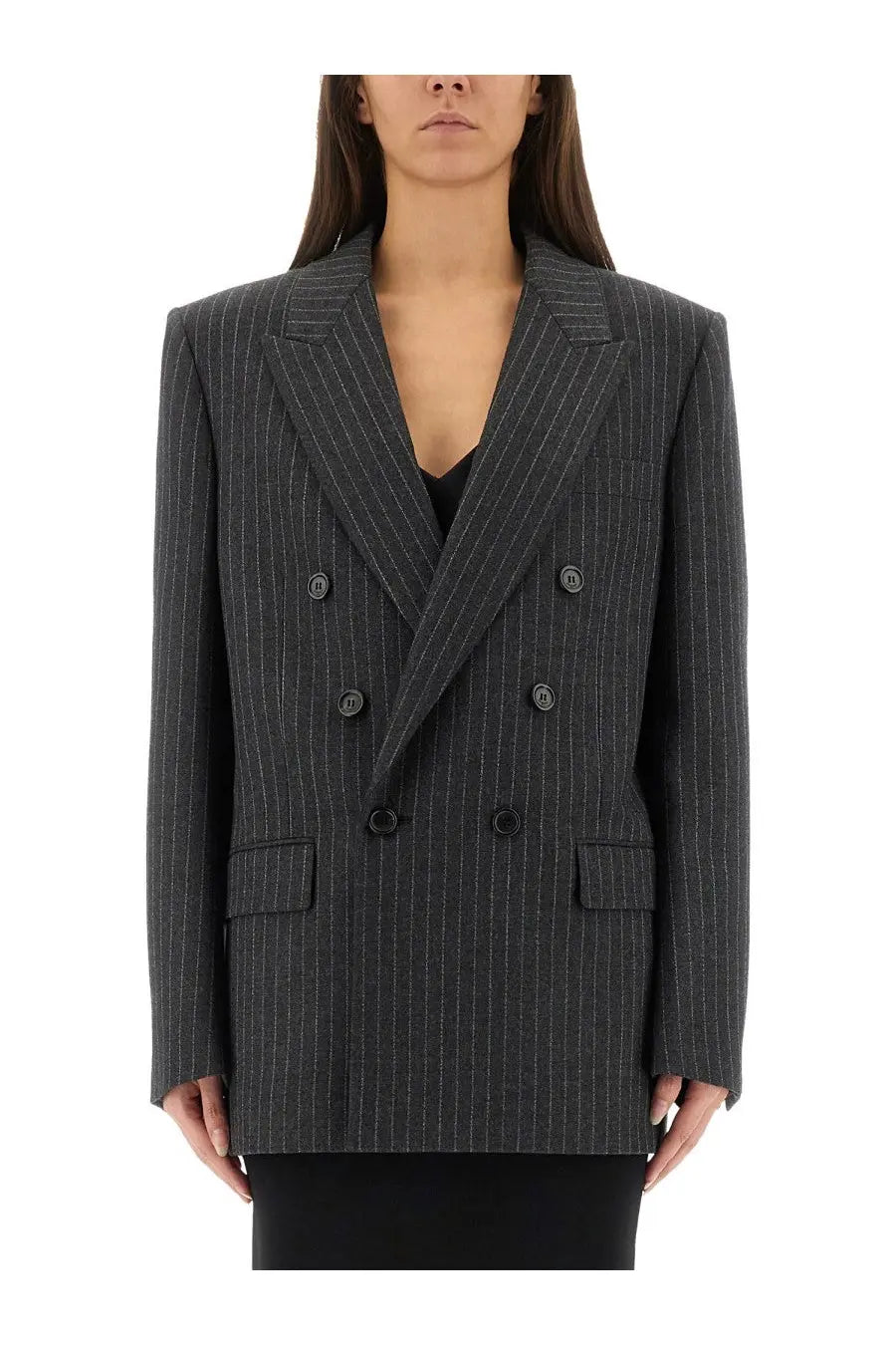 Saint Laurent women’s cassandre double breasted dark gray pinstripe blazer with subtle vertical stripes and black buttons