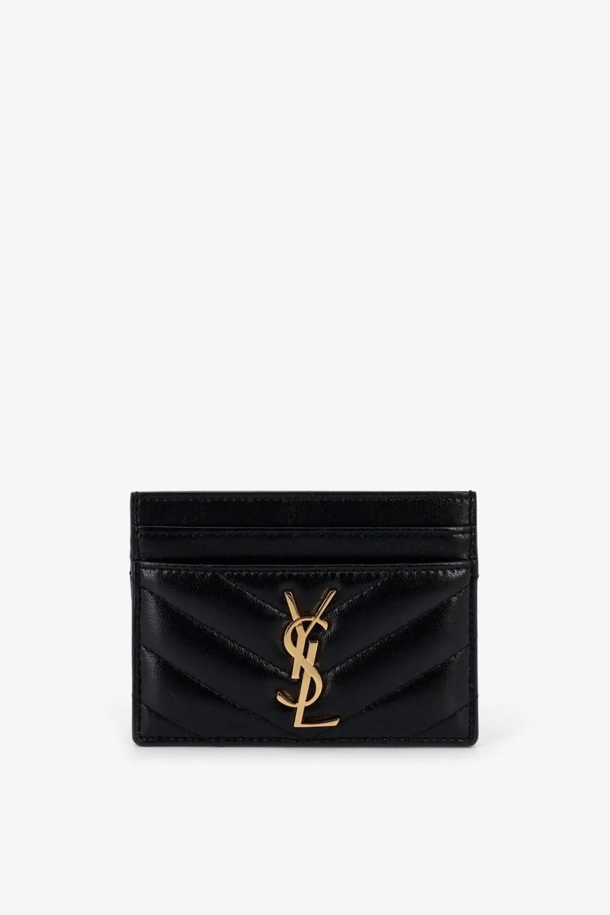 Black quilted leather card holder with gold-tone ysl logo from Saint Laurent womens Cassandre collection