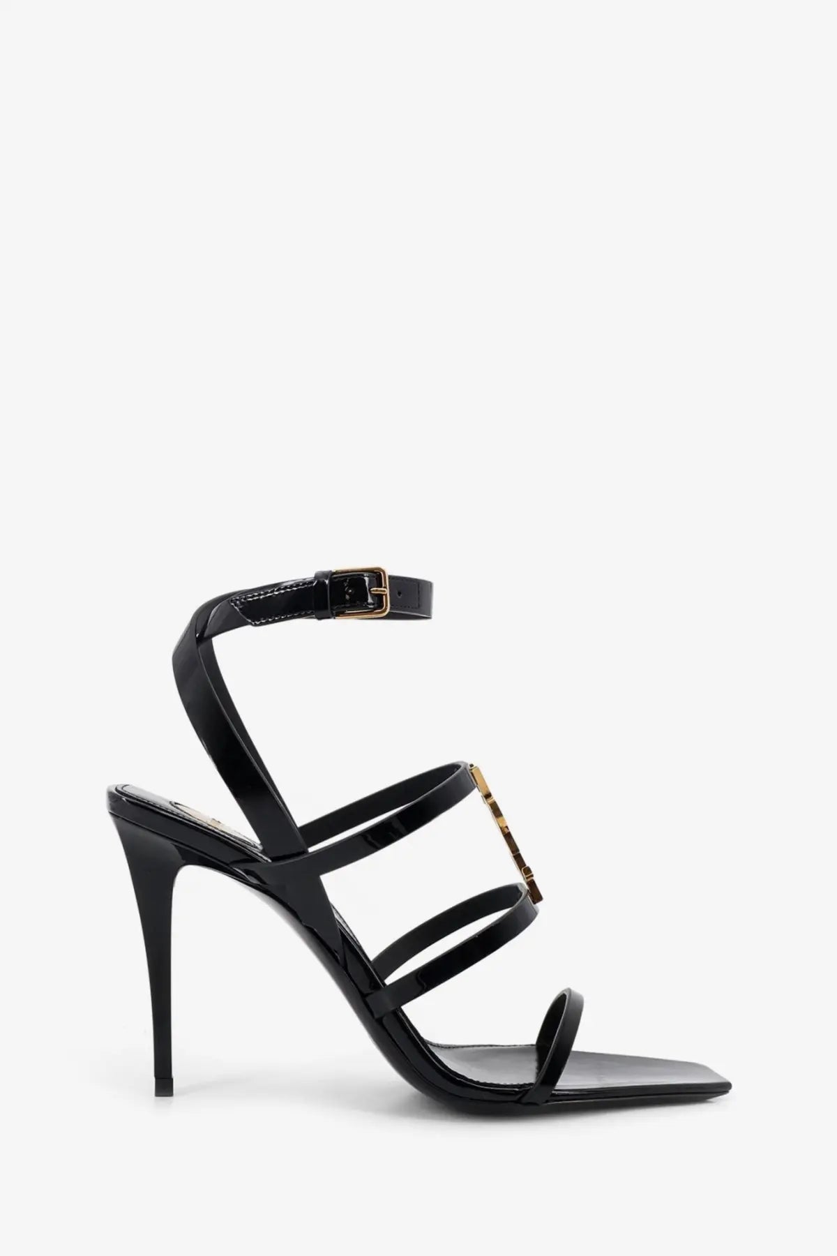 Saint Laurent women’s Cassandre black patent leather strappy high-heeled sandals with gold-tone hardware accents
