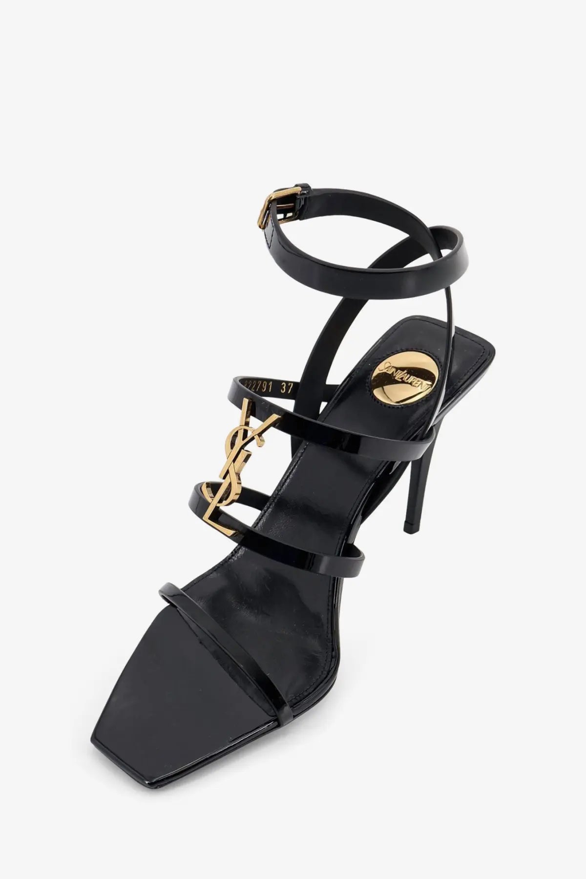 Saint Laurent women’s cassandre black patent leather strappy high heel sandals with gold-tone ysl logo hardware