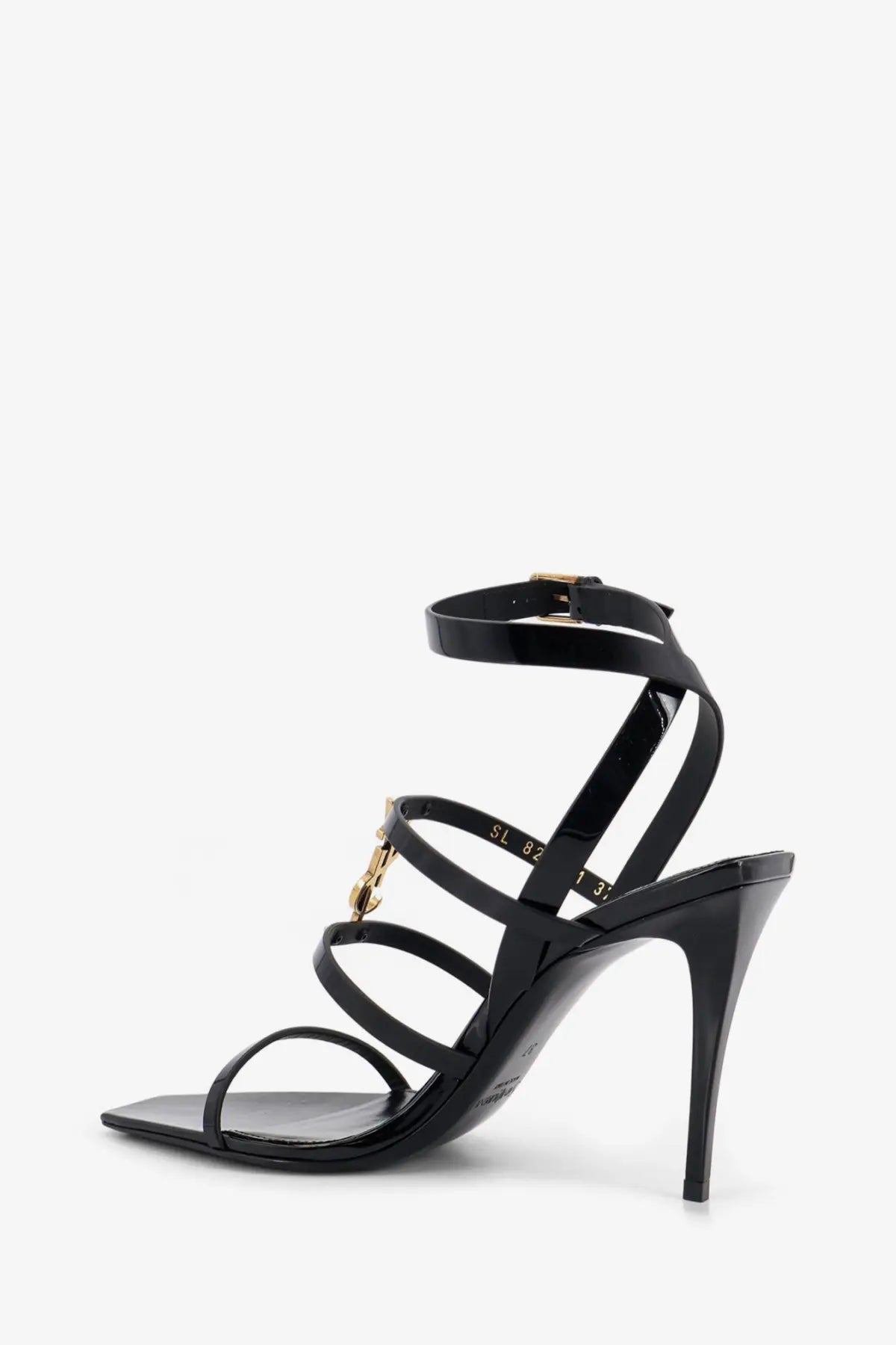 Saint Laurent women’s Cassandre black patent leather strappy high-heeled sandals with gold-tone hardware