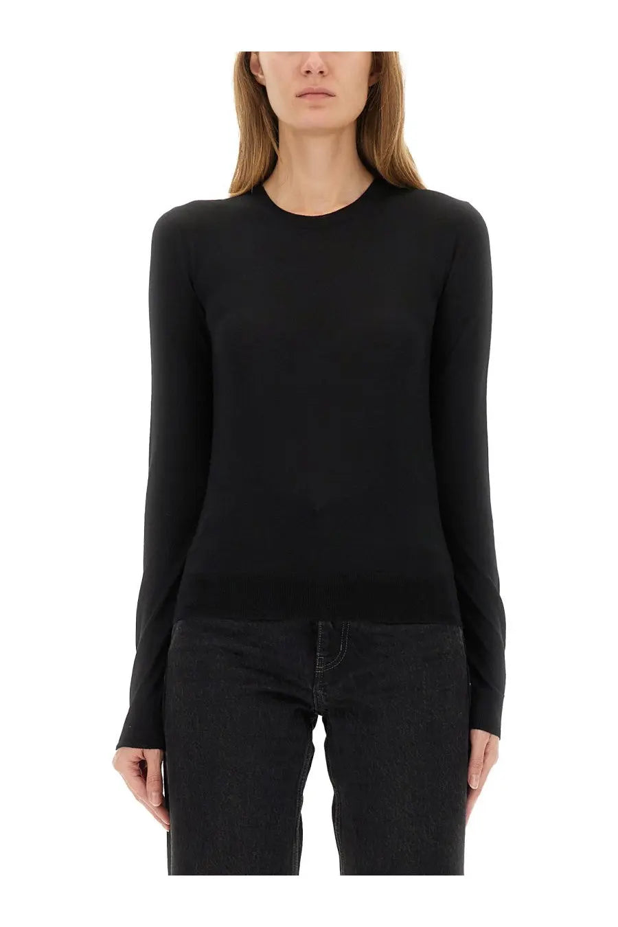 Saint Laurent women’s Cassandre pullover black knit sweater with long sleeves crew neckline and form-fitting silhouette