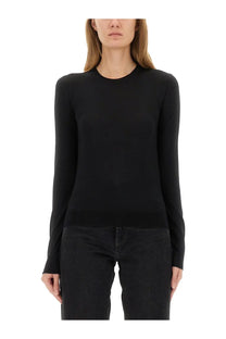 Saint Laurent women’s Cassandre pullover black knit sweater with long sleeves crew neckline and form-fitting silhouette