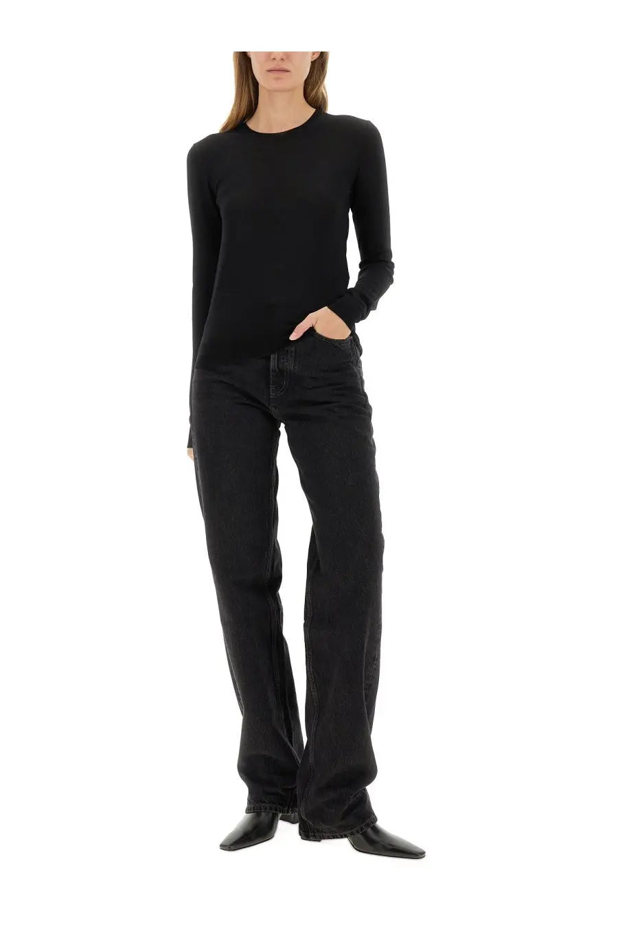 Saint Laurent women’s Cassandre pullover black long-sleeved knit top with a round neckline