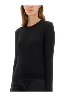 Saint Laurent women’s Cassandre pullover black long-sleeved knit top with round neckline and ribbed cuffs
