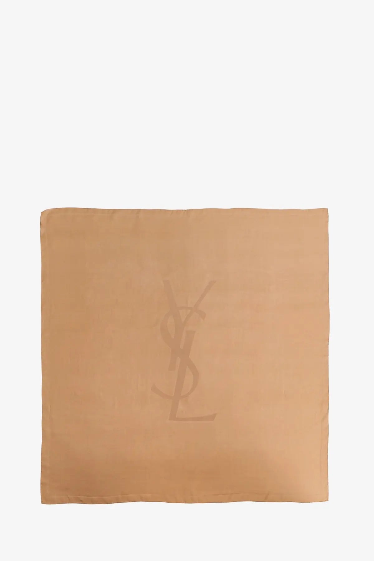 Beige Saint Laurent women’s Cassandre silk scarf with subtle YSL monogram logo in luxurious silk material