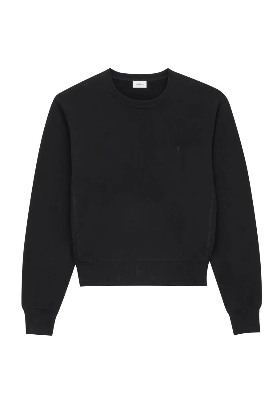 Saint Laurent women’s black crewneck sweatshirt with subtle embroidered logo on the left chest in cotton blend