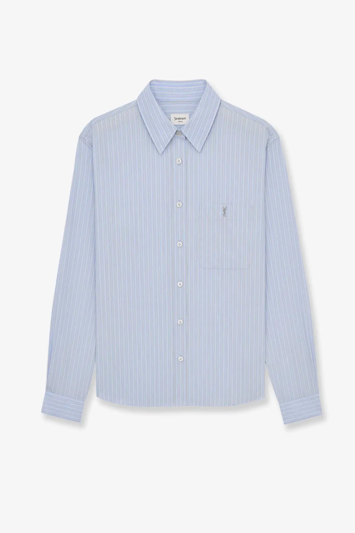 Saint Laurent women’s certified cotton shirt in light blue and white vertical stripes with subtle woven texture