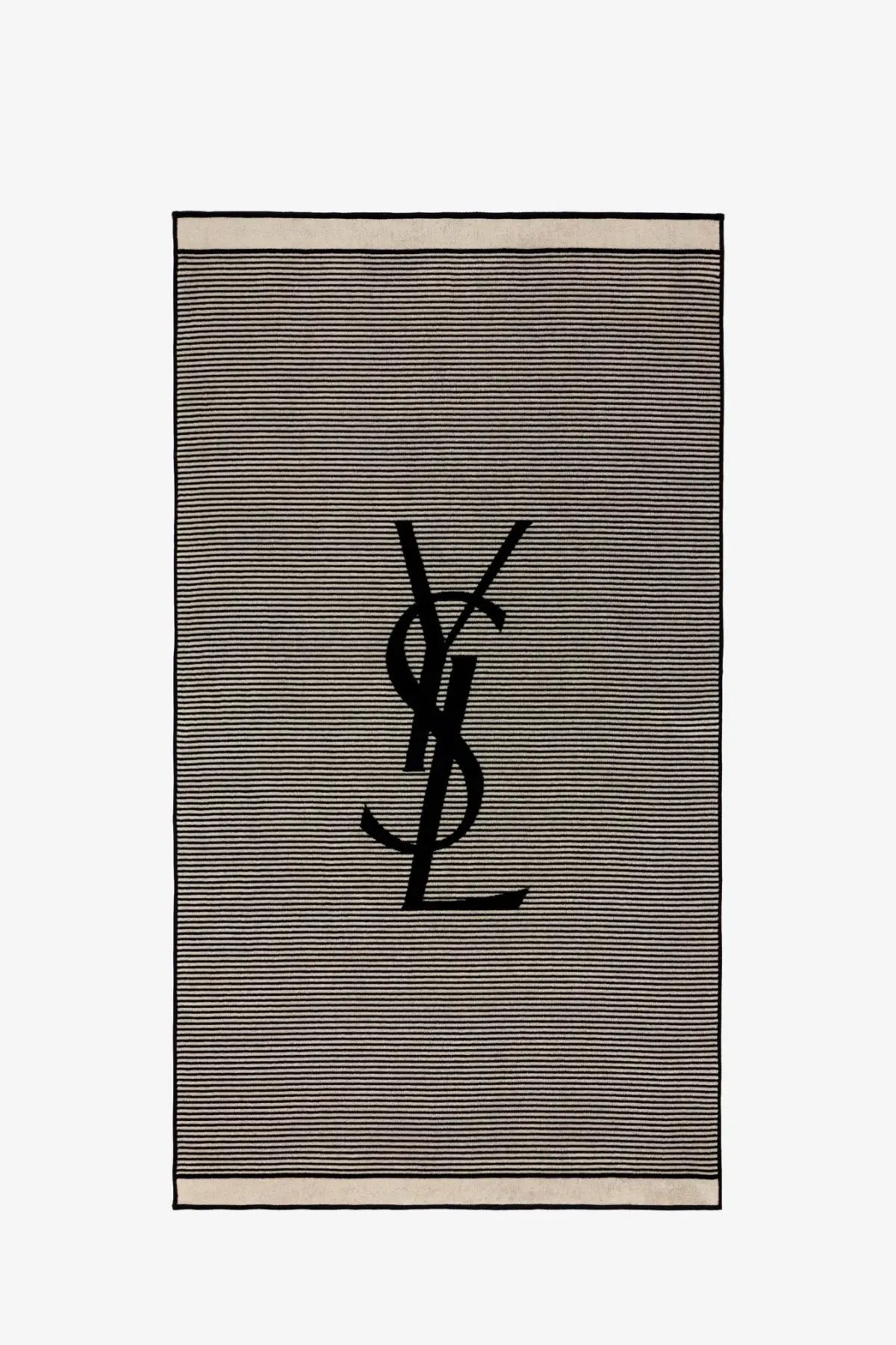 Saint Laurent women’s certified cotton beige and black striped beach towel with bold central ysl monogram logo