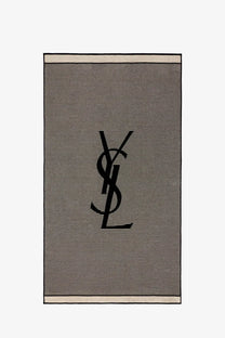Saint Laurent women’s certified cotton beige and black striped beach towel with bold central ysl monogram logo