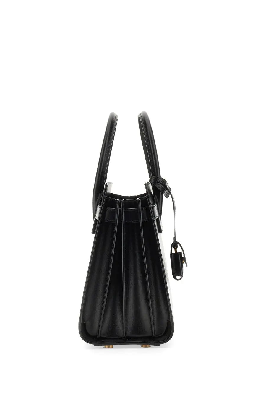 Saint Laurent women’s classic baby sac de jour black leather handbag with structured silhouette and metallic hardware accents