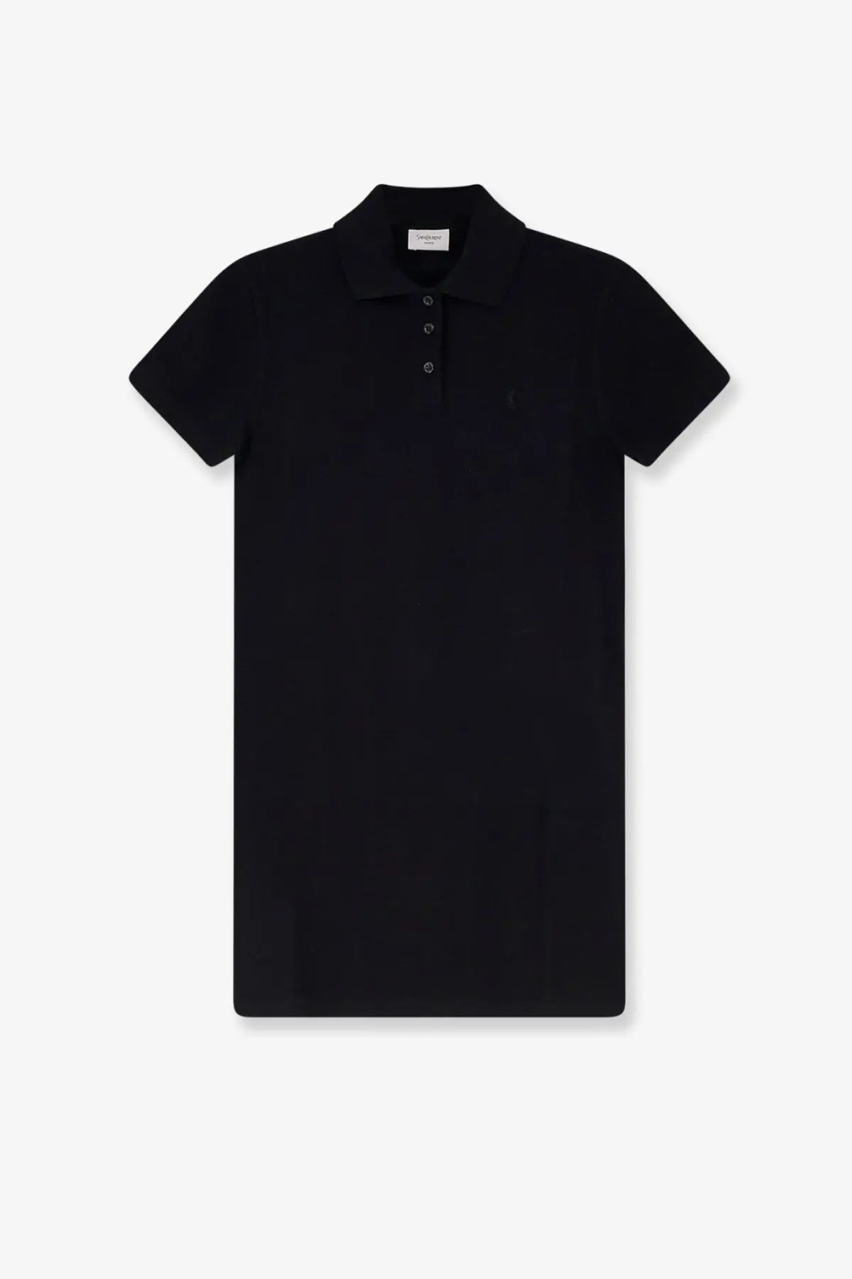 Saint Laurent women’s black cotton short-sleeved polo dress with classic collar and button placket