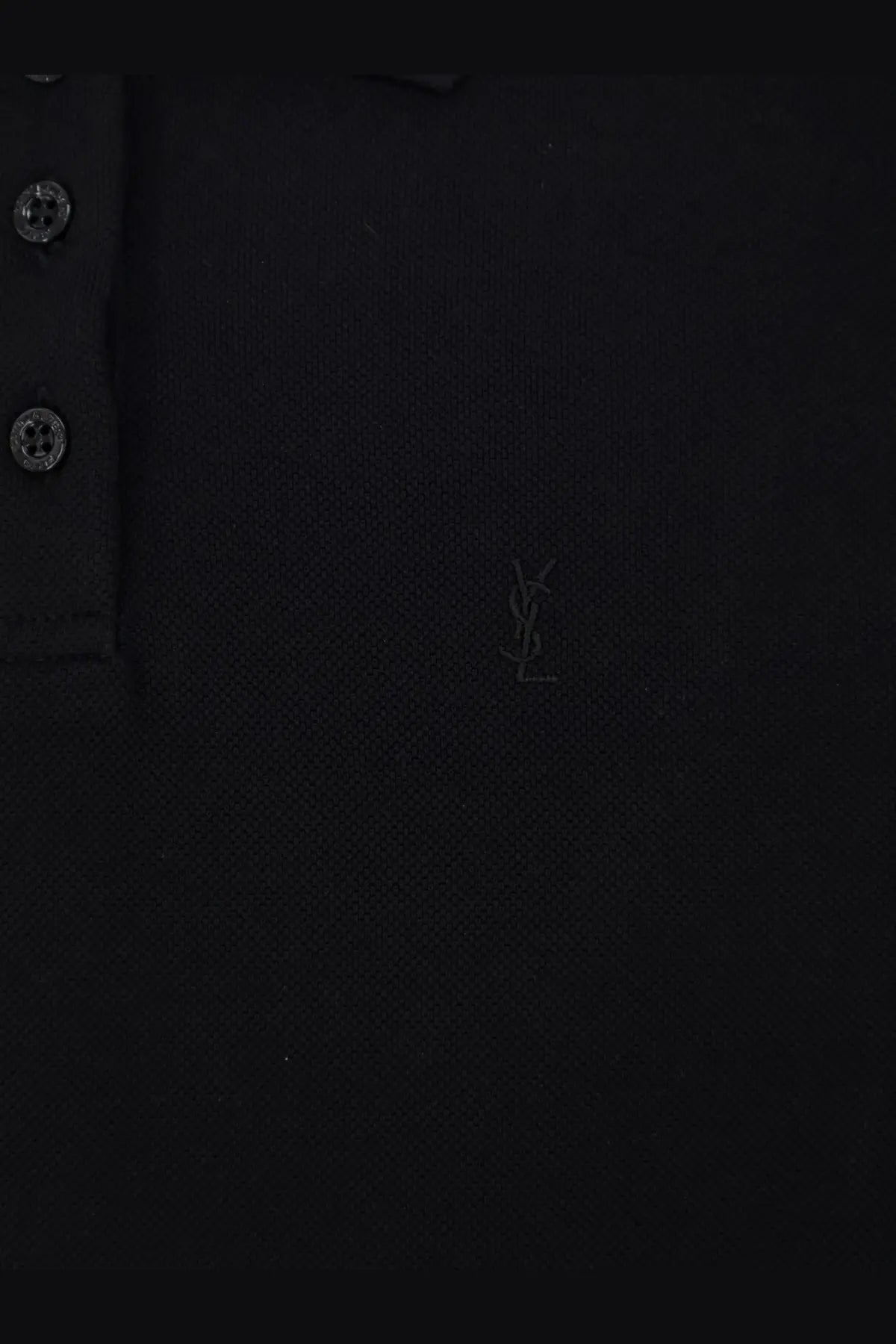 Saint Laurent women’s black cotton short dress with black ysl polo shirt featuring subtle embroidered logo and metallic buttons