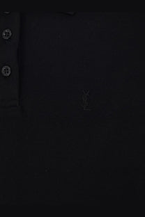 Saint Laurent women’s black cotton short dress with black ysl polo shirt featuring subtle embroidered logo and metallic buttons