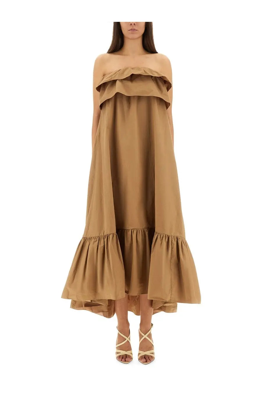Saint Laurent women’s camel cotton twill off-the-shoulder maxi dress with layered ruffles at neckline and hem