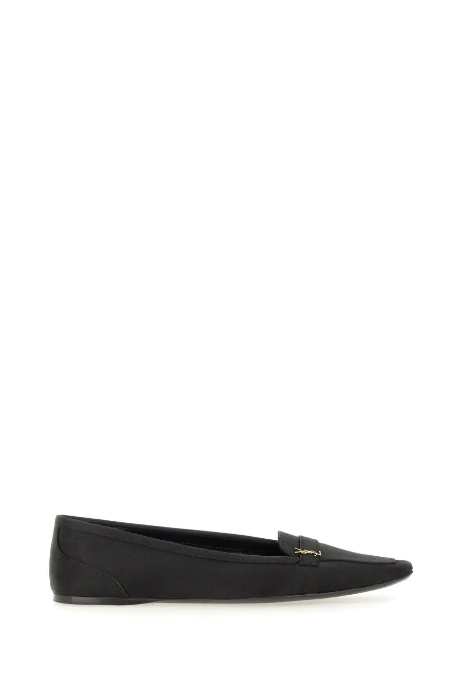 Saint Laurent women’s crepe satin poppy black loafer with gold-tone logo accent in black satin material
