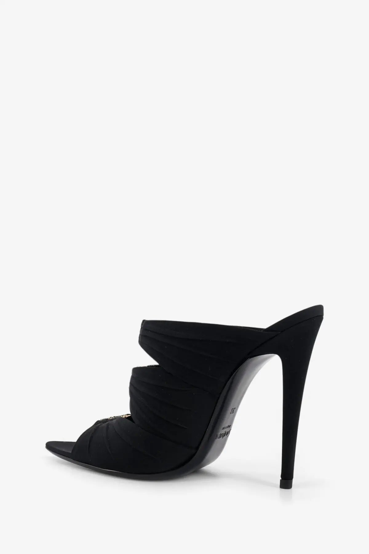 Saint Laurent women’s Emilie black satin mule sandals with high stiletto heel and pleated fabric detailing