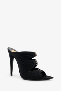 Saint Laurent women’s Emilie black satin mule sandal with pleated fabric and gold-tone buckle accents