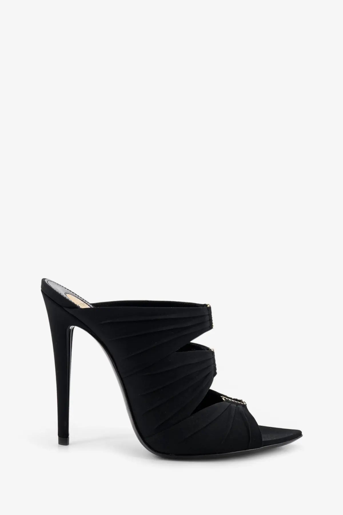 Saint Laurent women’s Emilie black satin slip-on mule with high stiletto heel and pleated fabric straps