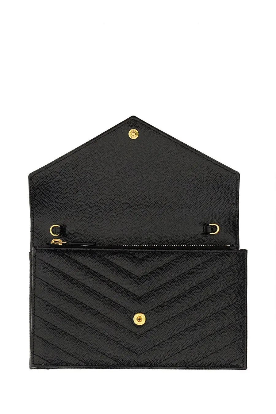 Saint Laurent women’s envelope cassandre wallet in black quilted leather with gold-tone chevron hardware