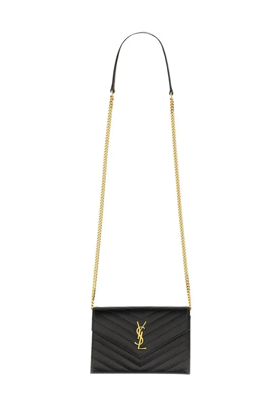 Saint Laurent women’s envelope Cassandre wallet black quilted leather with gold-tone chain strap and YSL logo